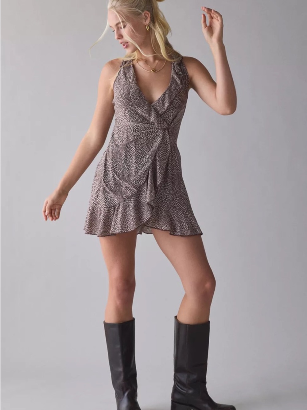 Urban Outfitters Brown Printed Ruffle Wrap Mini Dress